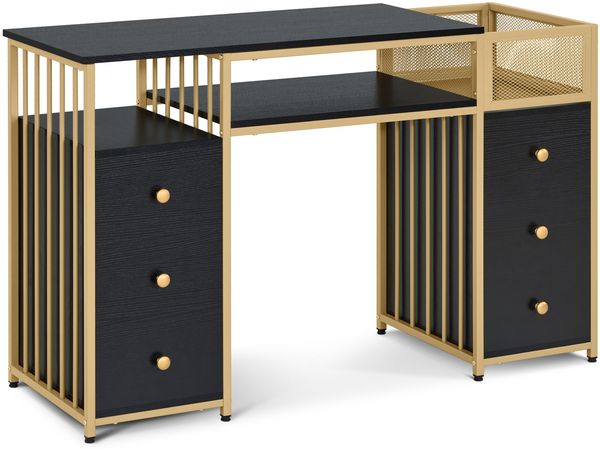 M MCombo Schreibtisch mit 6 Schubladen, Nageltisch aus Holz Metallgestell, Manikürtisch Schwarz-Gold, Schminktisch ohne Spiegel Modern, Computertisch mit Ablagen Wohnzimmer, 46x125x81cm, 2425