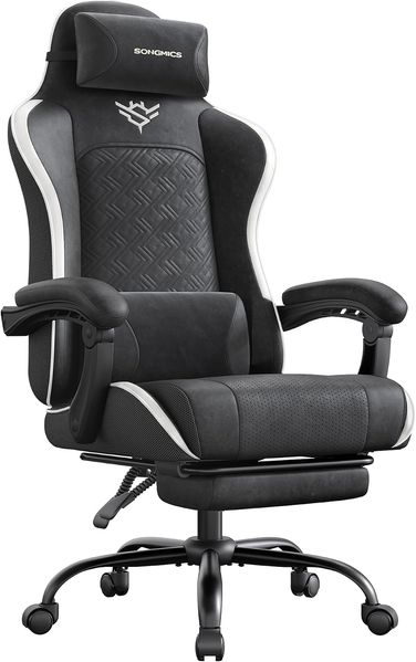 SONGMICS Gaming-Stuhl, Ergonomischer Bürostuhl mit Fußstütze, bis 150 kg, 70 x 70 x 123,5-133 cm, Schwarz