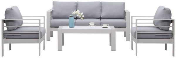 MeXo Gartenlounge-Set Gartenmöbel Set 4-5 Personen Aluminium Wetterfest, (weiß, harmonieren mit Licht bei Nacht, 4-tlg, Passt zum skandinavischen, mediterranen oder minimalistischen Stil), 12cm Deluxe Relax-Sitzkissen, Terrassenmöbel Set mit Tisch