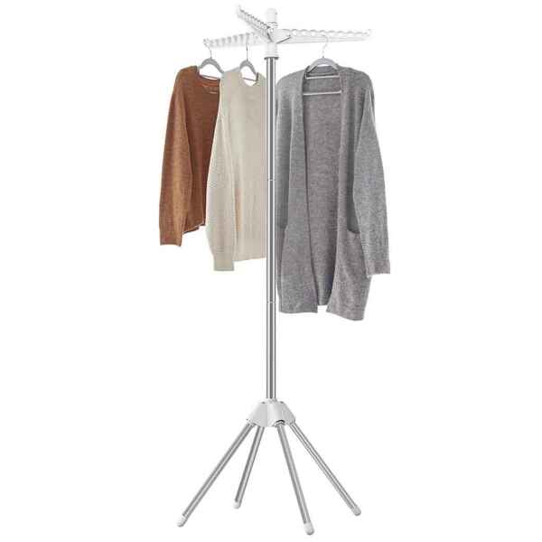 SONGMICS Wäscheständer, Standtrockner, 3 drehbare Arme für Kleiderbügel, 4 Beine, klappbar, für Innenbereich, Edelstahl, für Kleidung und Socken, 150 cm hoch, weiß-silbern