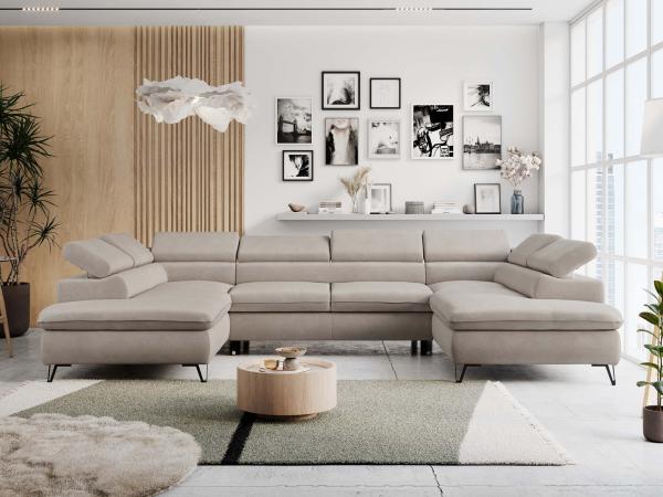 Mks Möbel 'Peter U-Form' Ecksofa mit Bettkasten, Bettfunktion & einstellbaren Kopfstützen, Beige, Mikrofaser