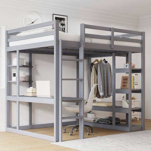 Hochbett 140x200 cm mit Schreibtisch und Stauraum,Kinder- & Jugendbett aus Massivholz,Leiter & Regale,Grau