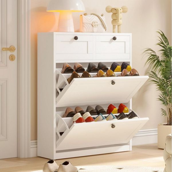 VOWNER Schuhschrank mit 2 Klappen, Schuhregal, 80 x 24 x 100 cm Weiß