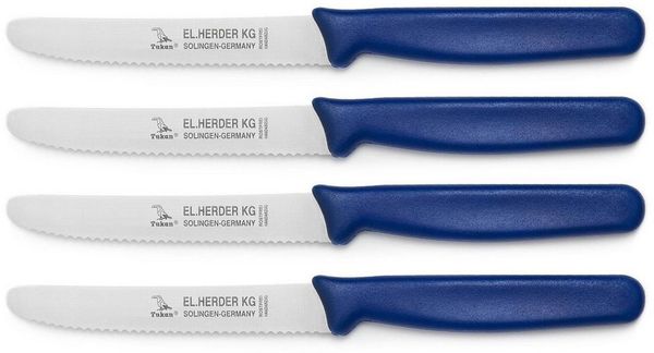 Landshop24 Brötchenmesser Brotmesser Tomatenmesser Tafelmesser 4er Set blau, Edelstahl (Spezialstahl 1.4116) konisch geschliffen