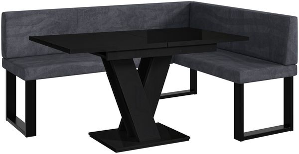 MEBLINI Eckbank für Esszimmer mit ausziehbarem Tisch - Küchenbank - Essecke - Sitzecke Küche - TONI - U-Beine 128x168x87cm Rechts - Dunkelgrau Samt/M Schwarz Hochgl.