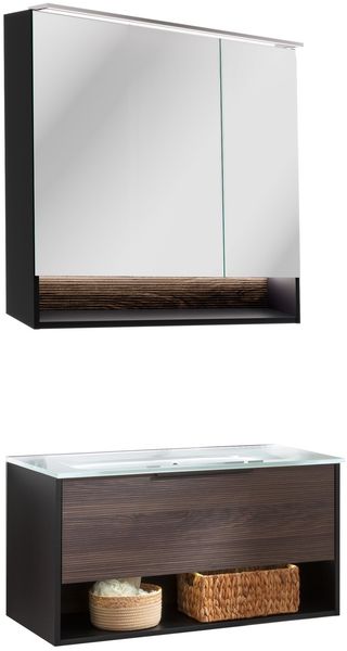 FACKELMANN B.PARIS Waschtisch Set mit Spiegelschrank 90 cm breit, Braun dunkel/Schwarz, Waschbecken Glas Weiß