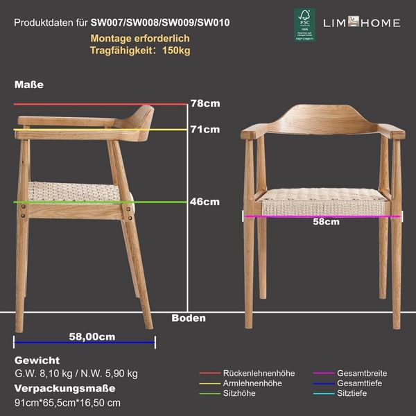 LIM HOME Esszimmerstuhl SW010 (Packung, 2 St), FSC®Eichenholzrahmen mit Sitzfläche aus Papierseil, einfache Montage