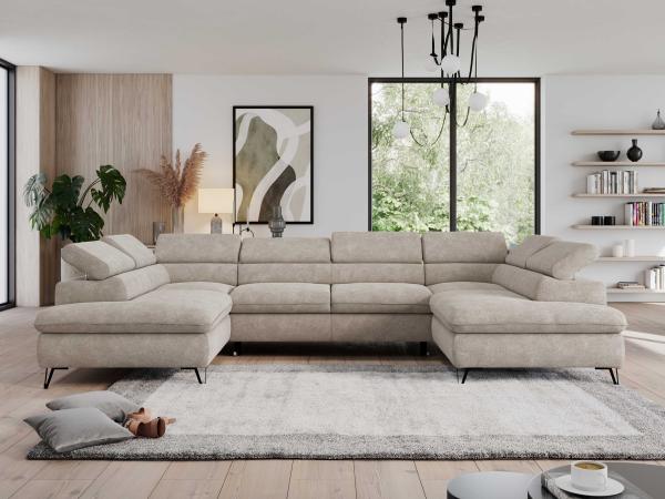 Mks Möbel 'Pedro U-Form' Ecksofa mit Schlaffunktion und verstellbaren Kopfstützen, Beige, Stoff