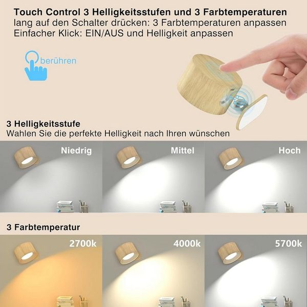 SinLaw LED Wandleuchte LED Wandleuchte Innen, Wandlampe mit Akku 1 Stück, 360° drehbare, Touch Control 3 Helligkeitsstufen