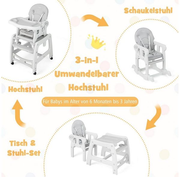 COSTWAY Hochstuhl 3 in 1 Babystuhl, wandelbar, einstellbarer Winkel, abnehmbar