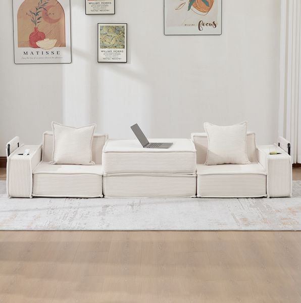 2-Sitzer-Sofa aus Cord mit 2 Kissen & Seitentaschen, 162 x 78 x 66 cm, Beige