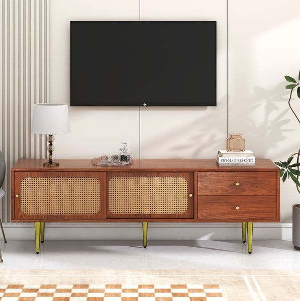 TV-Schrank, 160x40x60 cm, Walnuss-TV-Schrank mit Rattan-Schiebetüren, 2 Schubladen & Metallfüßen