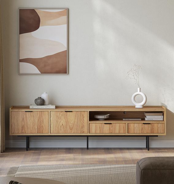AX LIVING Nordiva TV Lowboard 200 cm Hikora Natur Holz TV Möbel Modern
