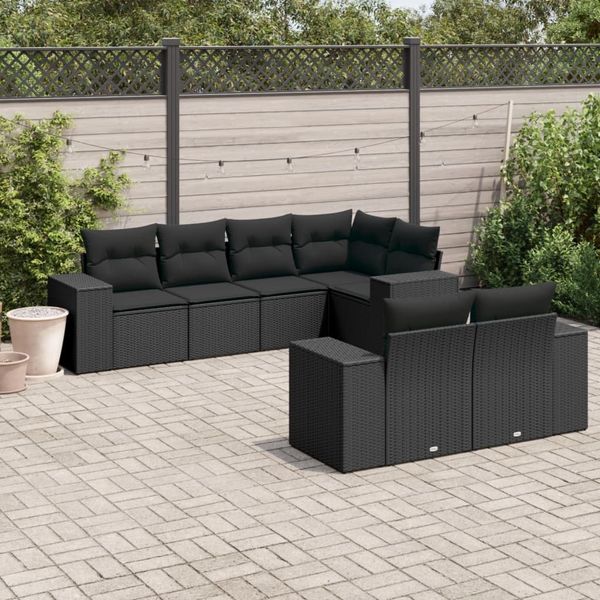 vidaXL 7-tlg. Garten-Sofagarnitur mit Kissen Schwarz Poly Rattan 3222804
