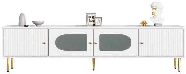 HAUSS SPOLE TV-Schrank mit Goldenen Beinen und Griffen, 4 Türen, Weiß Eleganter Stil (TV-Schrank,TV-Board,TV-Unterschrank, 1-St, 4 Türen) 2 Türen mit Vertikalrillen, 2 Türen mit Bogenglas
