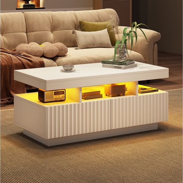 OKWISH Couchtisch Teetisch mit Vertikal gestreifter (Packung, 1-St, zwei Schubladen), mit LED-Lichtleiste