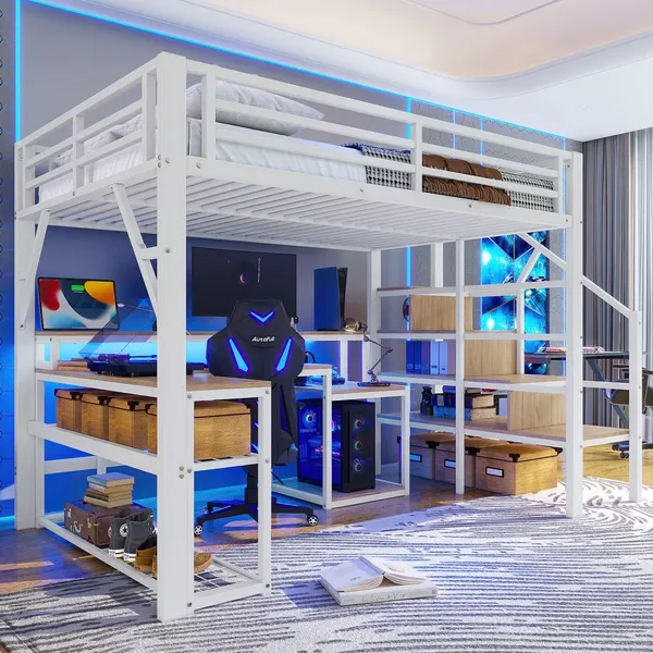 Hochbett mit RGB LED-Streifen, Schreibtisch, Regal, Lattenrost, Treppe, Rausfallschutz, Steckdosen und USB, 140x200cm, Metallbett, Kinderbett