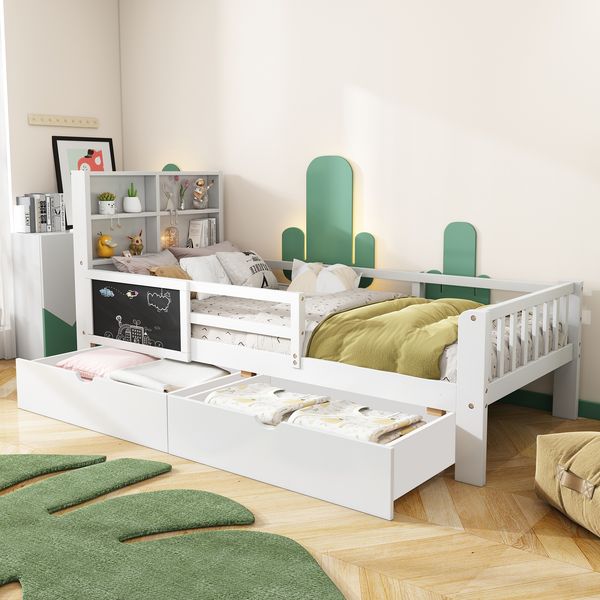 Merax Einzelbett 90*200cm, Kinderbett mit Mehrfunktionen, mit Schubladen und Tafel, ohne Matratze, weiß