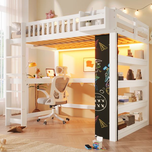 Hochbett 140 × 200 cm, mit Kreidetafel, Schreibtisch, Regal, Aufbewahrungsfächern und LED-Beleuchtung, ohne Matratze, Weiß
