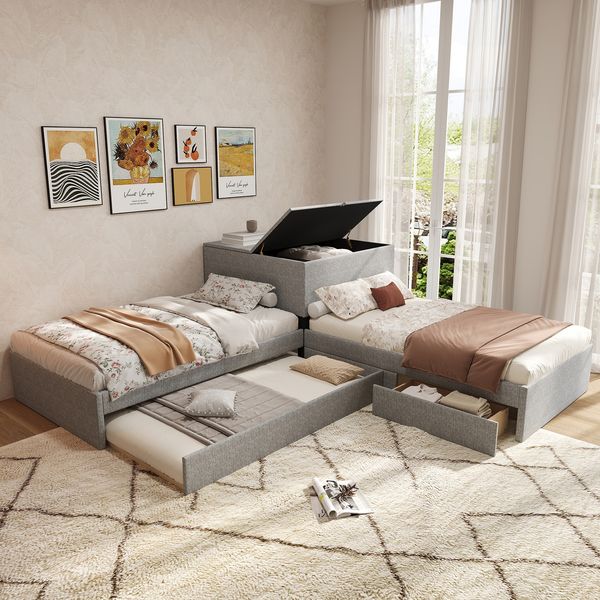 Eckbett, zwei Einzelbett mit Ausziehbett, Polsterbett, Funktionsbett mit Stauraum, mit Stauraumschrank, mit Stauraumschublade, mit Ausziehbett, 90x200 cm, ohne Matratze, Leinen, grau