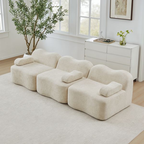 Ecksofa Beige aus Samt, modulares Boneless-Sofa mit tiefer Sitzfläche und 32D-Schaum,70 x 288 x 98 cm