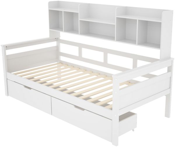 Bett 90x200 cm ohne Matratze, Schlafsofa in Weiß mit Schubladen, Seitenregalen und Lattenrost Bild 4