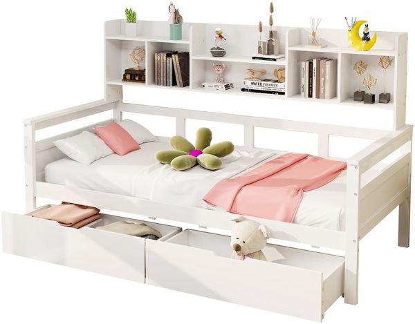 Bett 90x200 cm ohne Matratze, Schlafsofa in Weiß mit Schubladen, Seitenregalen und Lattenrost Bild 7