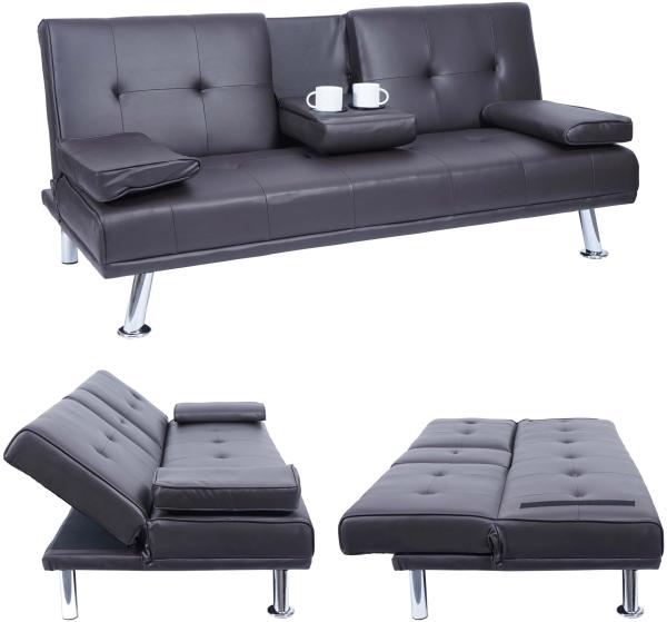 3er-Sofa HWC-F60, Couch Schlafsofa Gästebett, Tassenhalter verstellbar 97x166cm ~ Kunstleder, braun