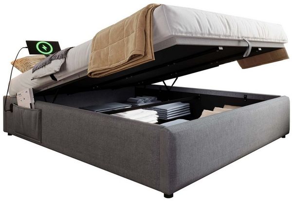 BlingBin Einzelbett Polsterbett (1-tlg, Struraumbett Bettgestell mit USB- C und Vollflächiger Lattenrost), 140×200 cm, Ohne Kopfteil, Baumwolle