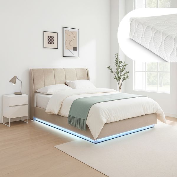 LED Polsterbett Tröstiar mit Matratze 140x200cm Beige [en. casa]