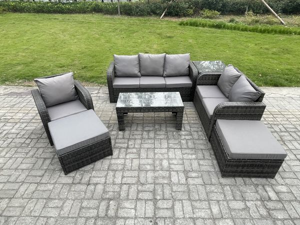 Fimous Hoher Rücken Polyrattan Gartenmöbel Set mit Loveseat Sofa Rechteckiger Couchtisch Beistelltisch 2 hohen Hockern Garten Lounge Set Dunkelgrau Gemischt