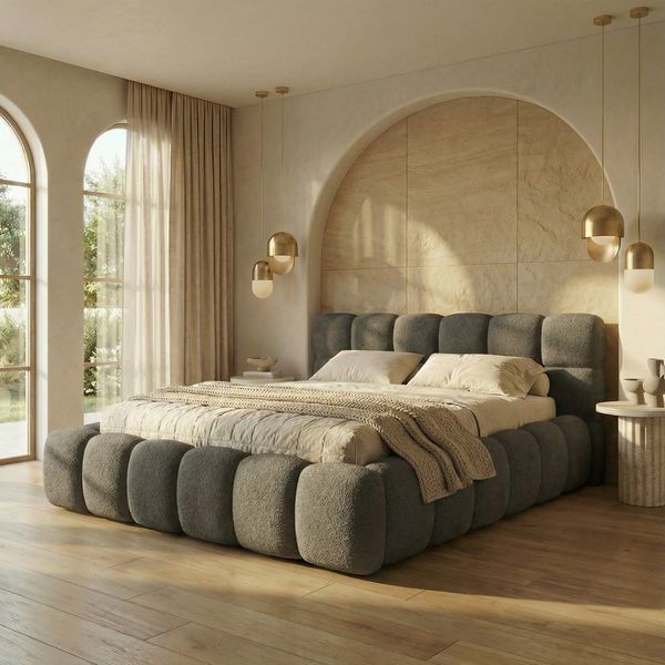 yourhouse24 Polsterbett Boston Slim Bouclé kompaktes Wolkenbett mit Bettkasten, Bubble-Optik & Japandi
