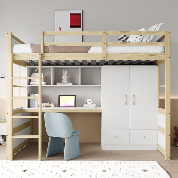 Merax Hochbett 90 x 200 cm, Kinderbett, Jugendbett, Einzelbett, Mit Leiter, Mit Schreibtisch mit Stauraum, Mit Kleiderschrank und Schubladen, Holzfarbe
