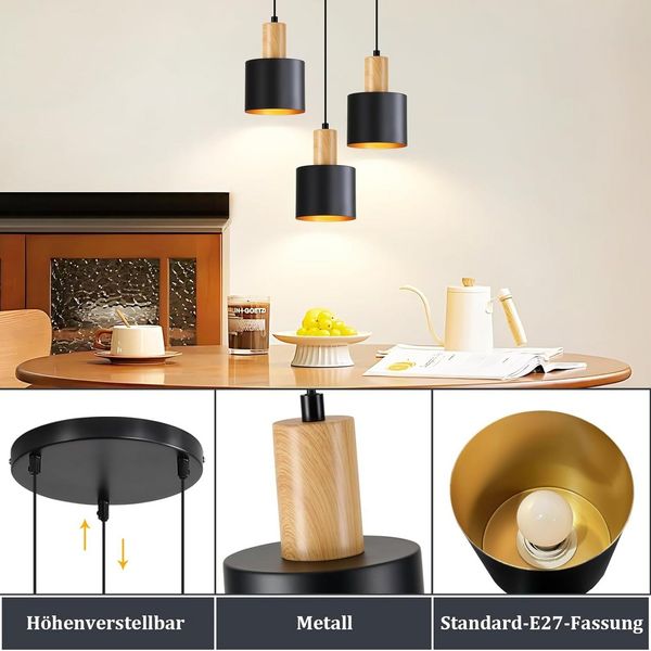 Nettlife Pendelleuchte Vintage Schwarz-Gold 1/2/3Flammige Hängeleuchte Höhenverstellbar E27, Höhenverstellbar, ohne Leuchtmittel, für Esstisch & Kücheninsel 22 x 22 x 173 cm