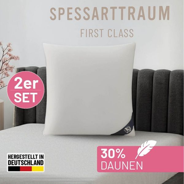 SPESSARTTRAUM Federkopfkissen FIRST CLASS, Einzelkissen oder Doppelpack!, Füllung: 70% Federn / 30% Daunen, Klasse 1, Downpass zertifiziert, Bezug: 100% Baumwolle, Made in Green, Hausstauballergiker geeignet, hergestellt in Deutschland, allergikerfreun...