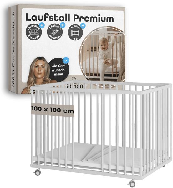 Sämann Laufstall Baby mit Matratze Cloud Air, Schlupfsprossen & Lattenrost | stufenlos höhenverstellbar | Laufgitter Premium | Babybett aus Holz | Krabbelgitter (weiß, 100x100 cm)