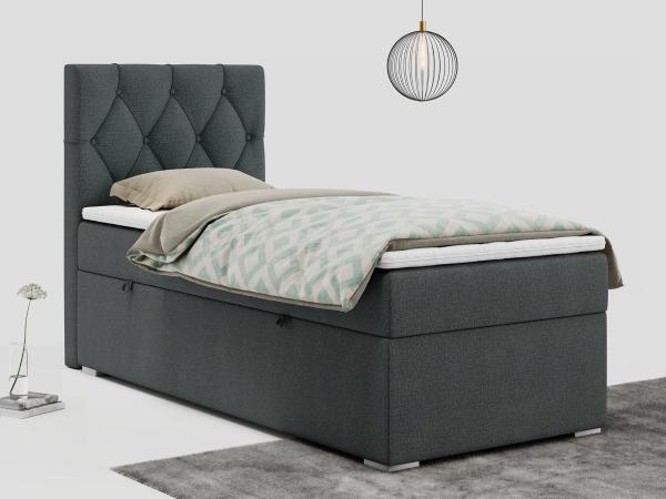 Boxspringbett ALDA, Einzelbett mit gestepptem Kopfteil und einem Bettkasten, 90x200 - Dunkelgrau Stoff - links - H4