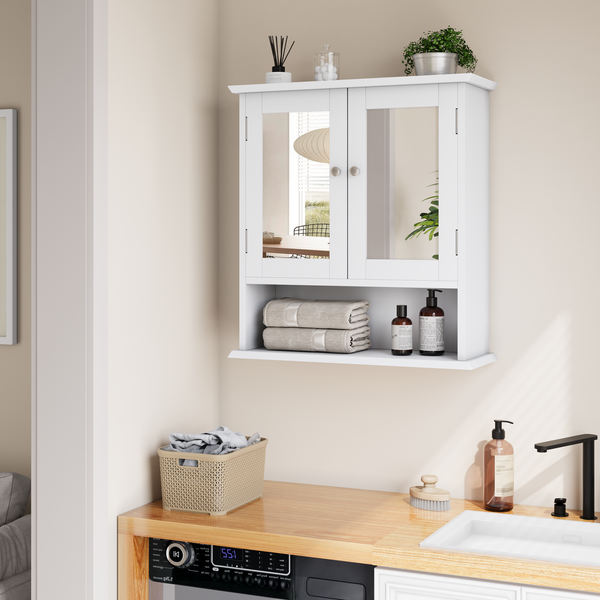 Badezimmerschrank mit Spiegel, MDF, verstellbare Einlegeböden, 54,6 x 19,8 x 60 cm, Weiß