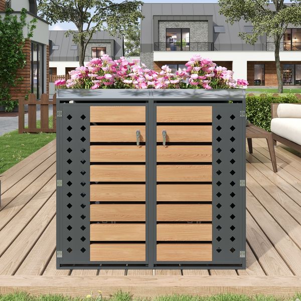 Mülltonnenbox 2-fach im Blumentrog-Stil grau-Holzoptik 132×80×124,58 cm aus verzinktem Stahl