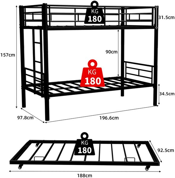Hochbelastbares, stabiles Metall-Etagenbett 90*190 cm / Geräuscharm / Sicherheitsgeländer / Keine Boxspring erforderlich. Bild 7