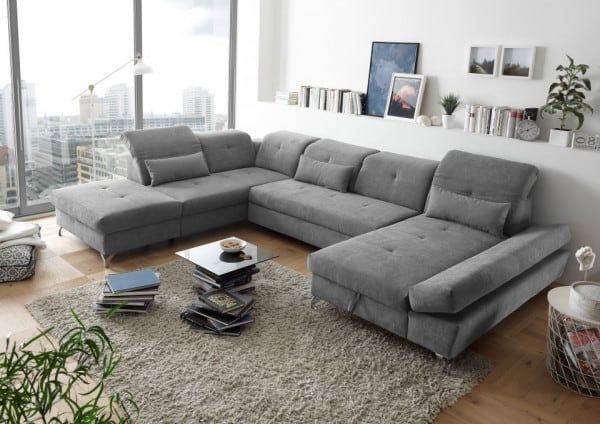 Couch MELFI L Sofa Schlafcouch Wohnlandschaft Schlaffunktion grau U-Form links