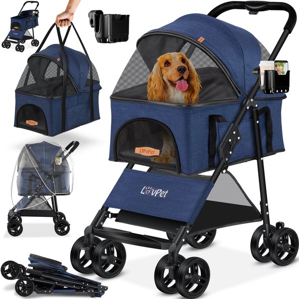 LOVPET® Hundewagen 2in1 Hundebuggy Hundebox Transporttasche Faltbar klappbar bis 20kg Haustiere Buggy mit Netzfenstern Getränkehalter, Regenschutzabdeckung & Kuscheldecke Jogger Buggy für Haustiere Blau