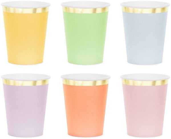 partydeco Becher, Papier, Pappbecher 220ml mit Goldrand 6er Set Bunt Pastell / Gold