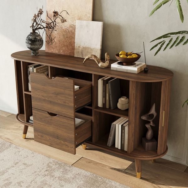 OKWISH Sideboard 140x79,5x40 cm mit vertikaler Maserung & zwei Schiebetüren (Packung, 1 St, Zwei Schubladen & Massivholzbeinen), Abgerundeter Eckschrank für das Wohnzimmer