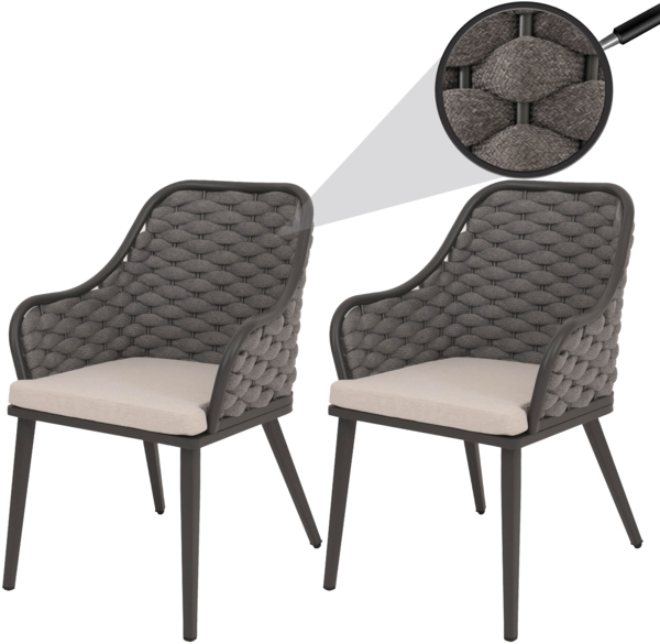 2er-Set Aluminium-Gartenstuhl HWC-O16, Outdoor Stuhl, Olefin (200 g/m²) Seilgeflecht Rope ~ anthrazit Kissen taupe