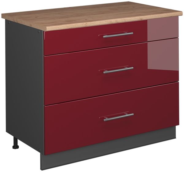 Küchenunterschrank Fame-Line Bordeaux Hochglanz/Anthrazit 100 cm, AP Eiche Vicco