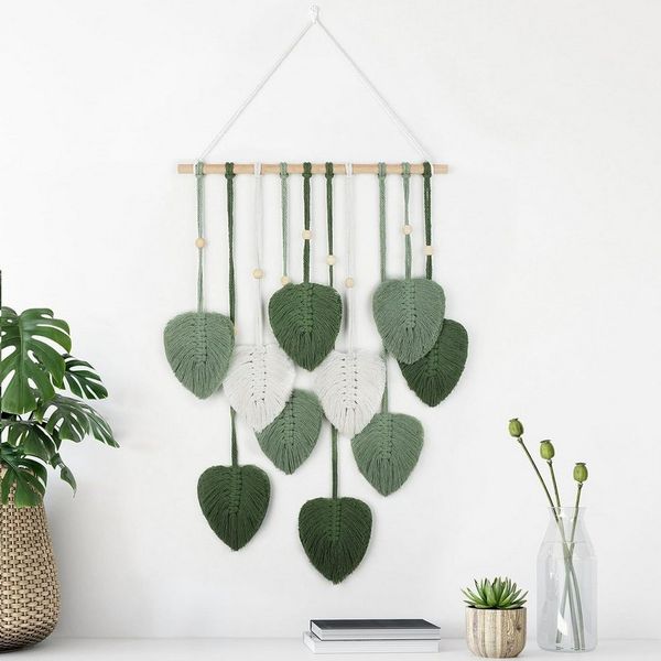 Blusmart Wandteppich Gewebter, handgefertigter Wandteppich, Höhe: 90 mm, Wandbehang mit Blattmotiv aus Baumwollseil