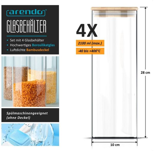 Arendo Aufbewahrungsbecher Glasbehälter-Set 4x 2,2 L Borosilikatglas mit Bambusdeckel, luftdicht, Borosilikatglas, Bambus, Silikon, (Vorratsbehälter-Set, 4-tlg, 4er Set), Hitzebeständig, umweltfreundlich, langlebig, mikrowellengeeignet