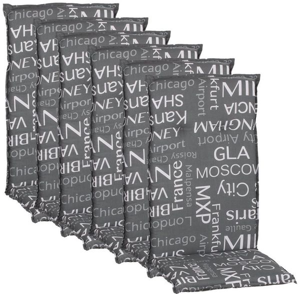 NYVI Hochlehnerauflage Hochlehner Auflagen 6er Set Barcelona - Gartenstuhlauflagen 118x50cm, (6 St), Stuhlauflage, Sitzauflage mit Halteband, UV-fest, Schrift