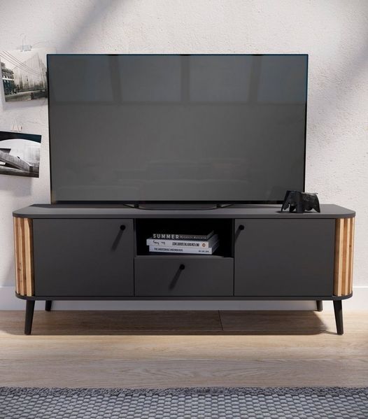 Home affaire Lowboard Stavanger, Breite 138cm, Paneel-Stäbchen-Optik, 1 Schubkasten, 2 Türen (1 St), 1 offenes Fach, TV-Möbel, TV-Schrank, TV-Lowboard, Mediaboard